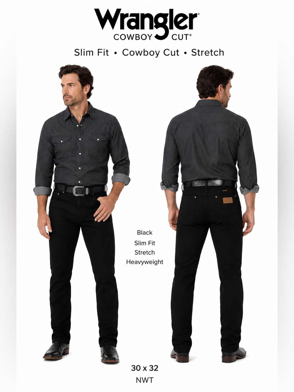 Wrangler Black Jeans Slim Fit Cowboy Cut Stretch Heavyweight NWT 30 x 32